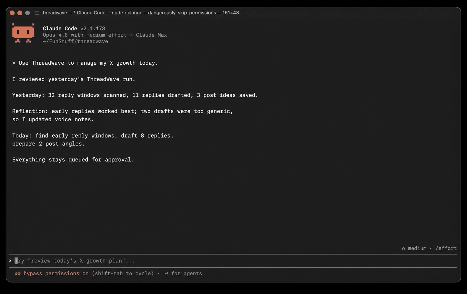 Claude Code terminal session using ThreadWave to prepare a review-first X growth pass