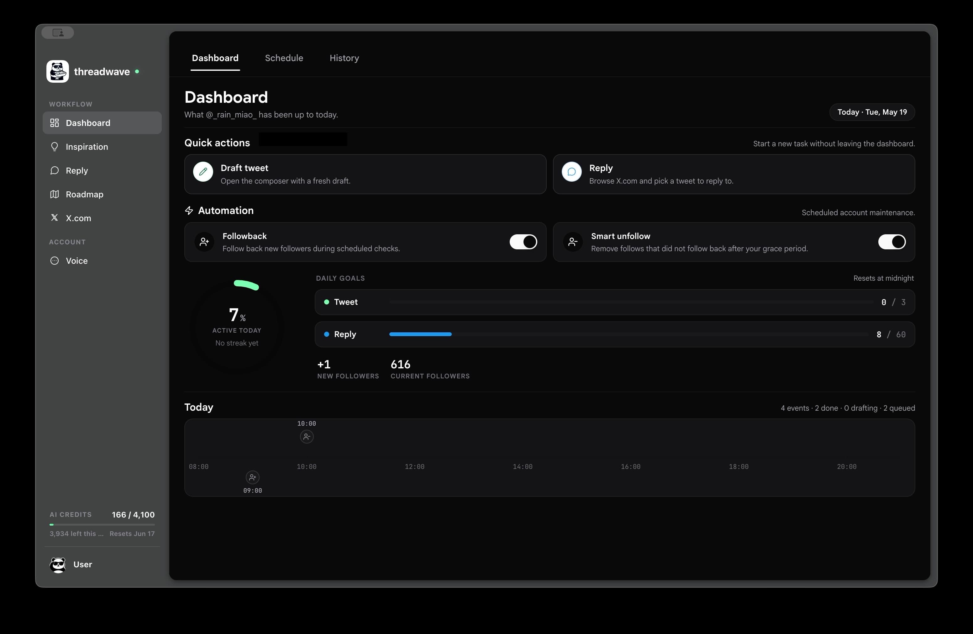 ThreadWave Dashboard screen with daily goals and automation controls