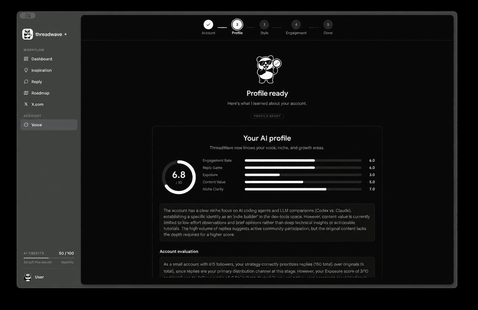 ThreadWave profile audit screen with account score and AI profile analysis